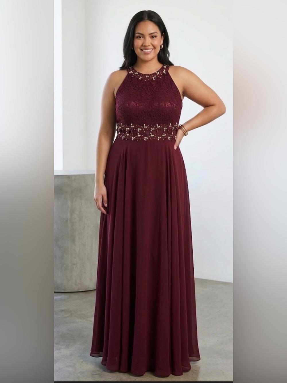 Beaded Lace Bodice Maxi Dress - Burgundy